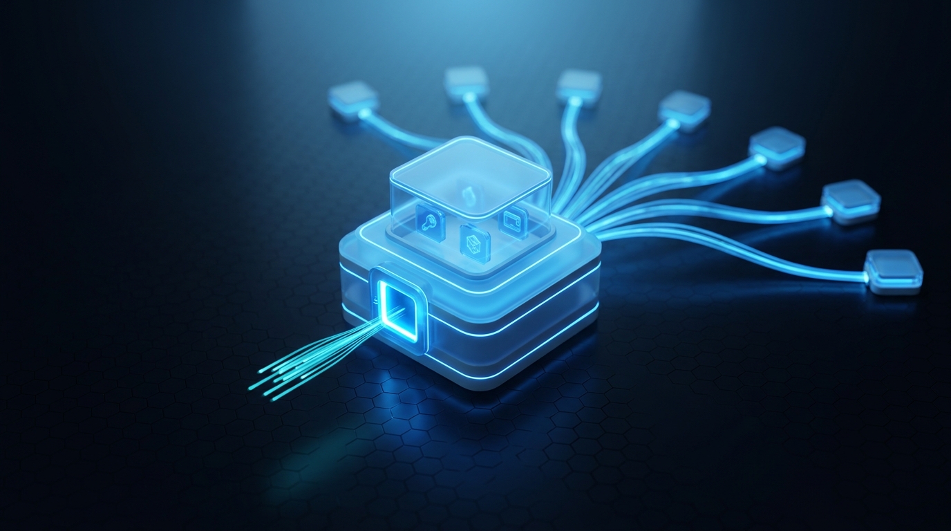 Abstract illustration of a Node.js facade holding API keys server-side and gating client uploads with a JWT