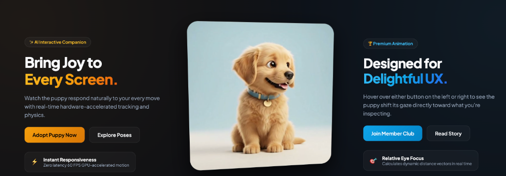 Symmetrical 3-column hero layout with centered puppy character tracking cursor gaze