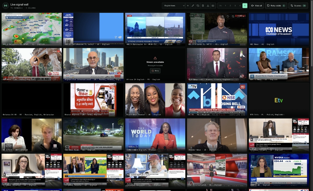 ZumiLabs Live Signal Wall streaming dozens of global news channels in high density grid layout