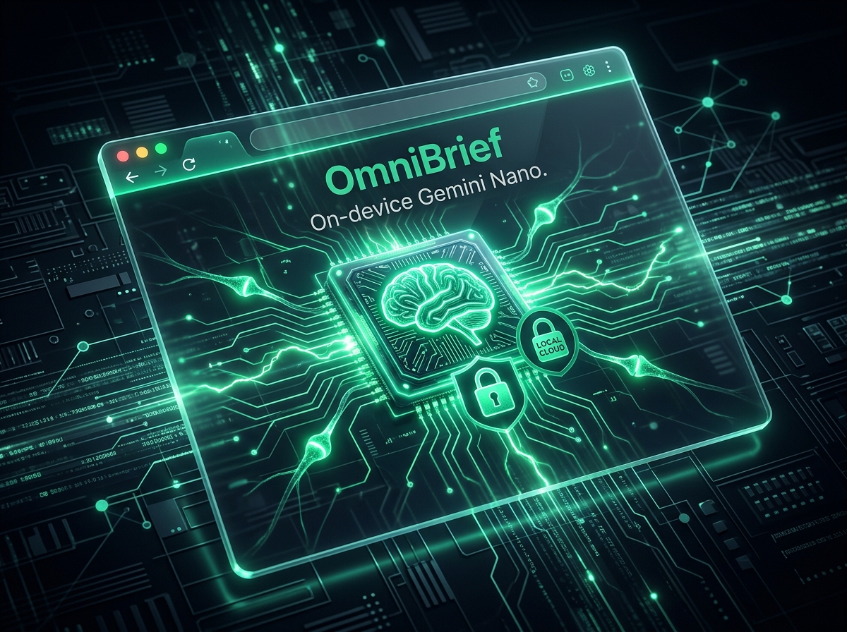 Abstract illustration of OmniBrief running Chrome's on-device Gemini Nano AI model inside the browser