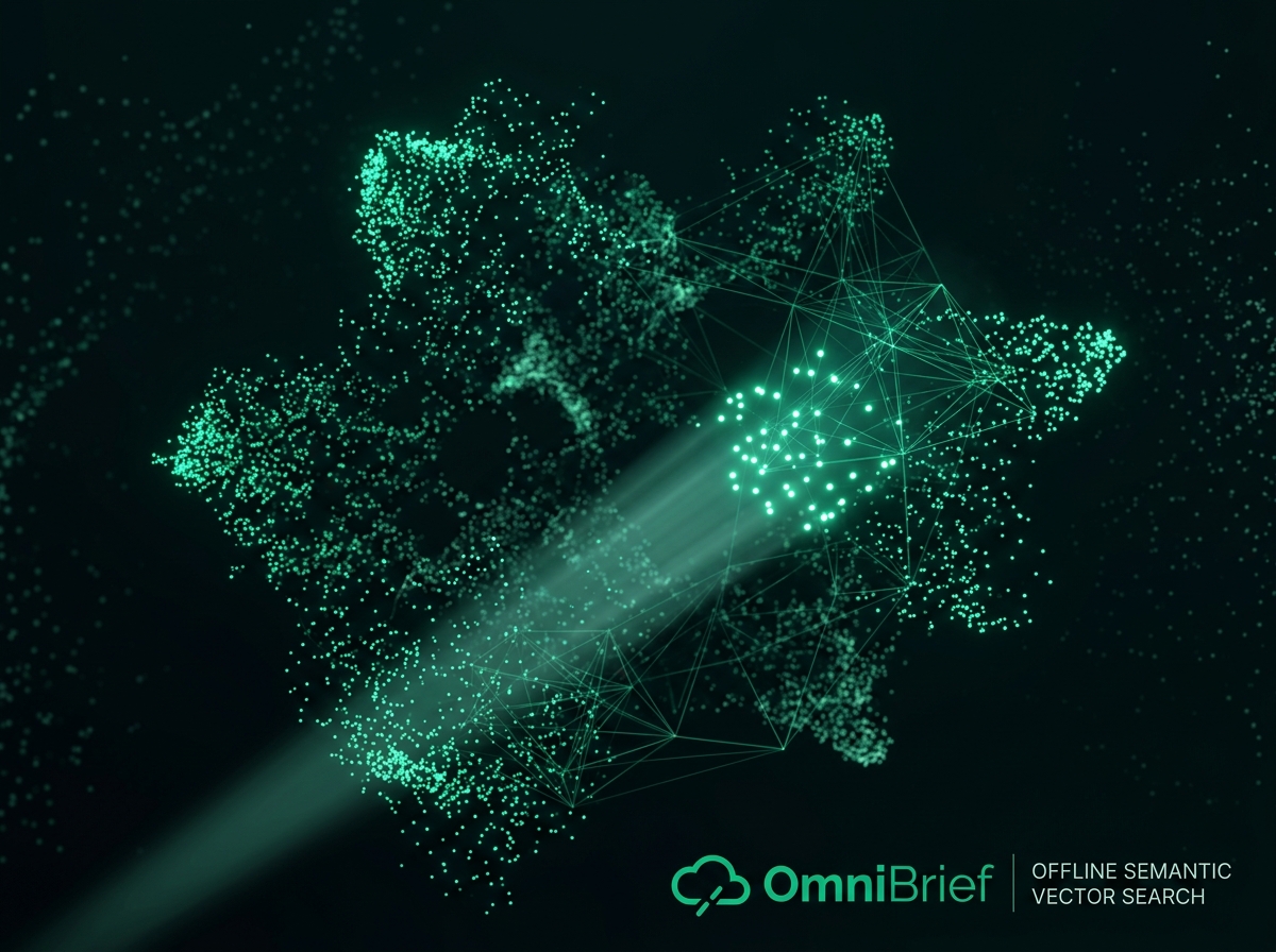 Abstract illustration of OmniBrief performing offline semantic vector search over embedded documents