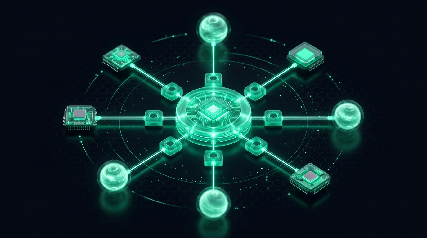 Abstract illustration of one interface routing to eight different local and cloud AI model engines