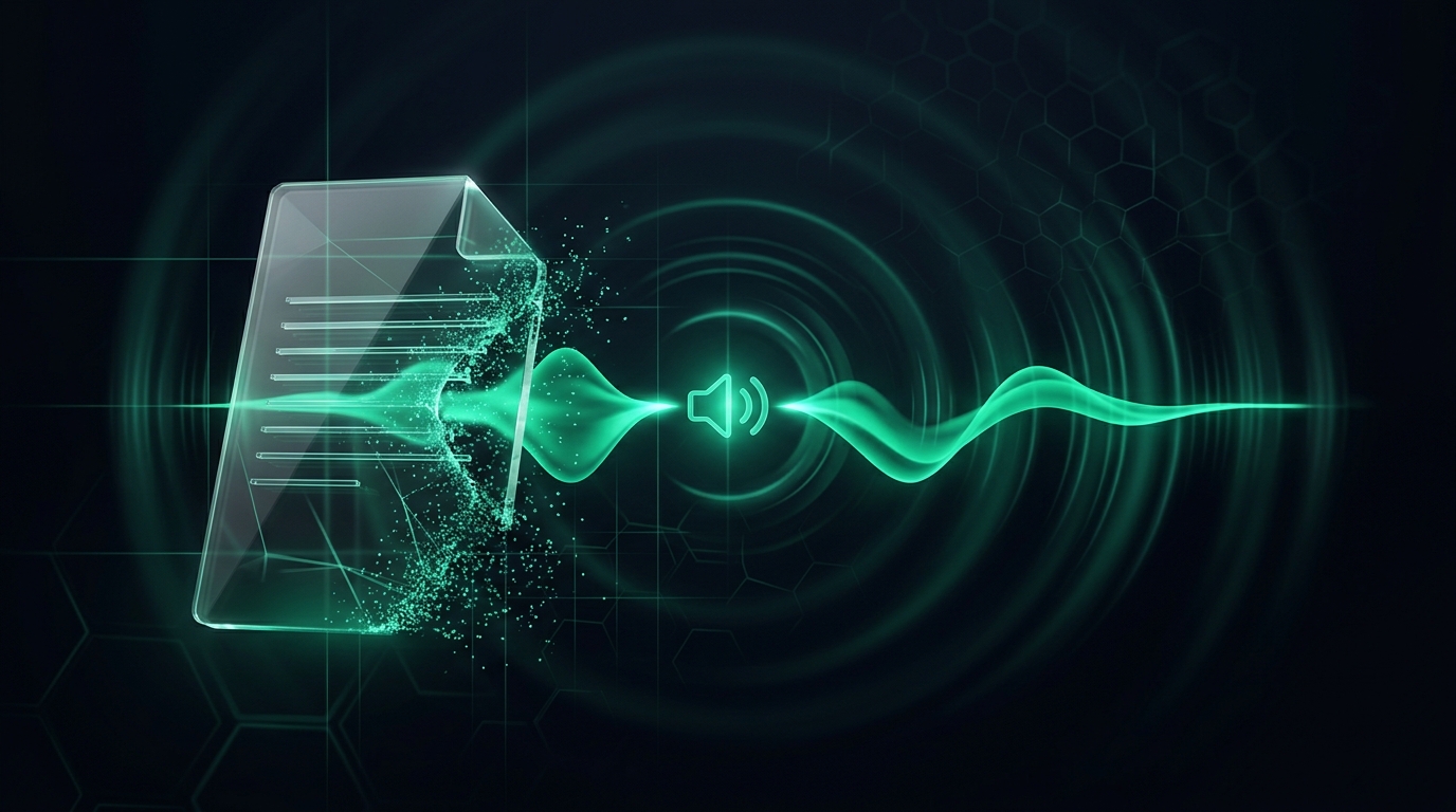 Abstract illustration of a text brief being converted into spoken audio waves inside the browser