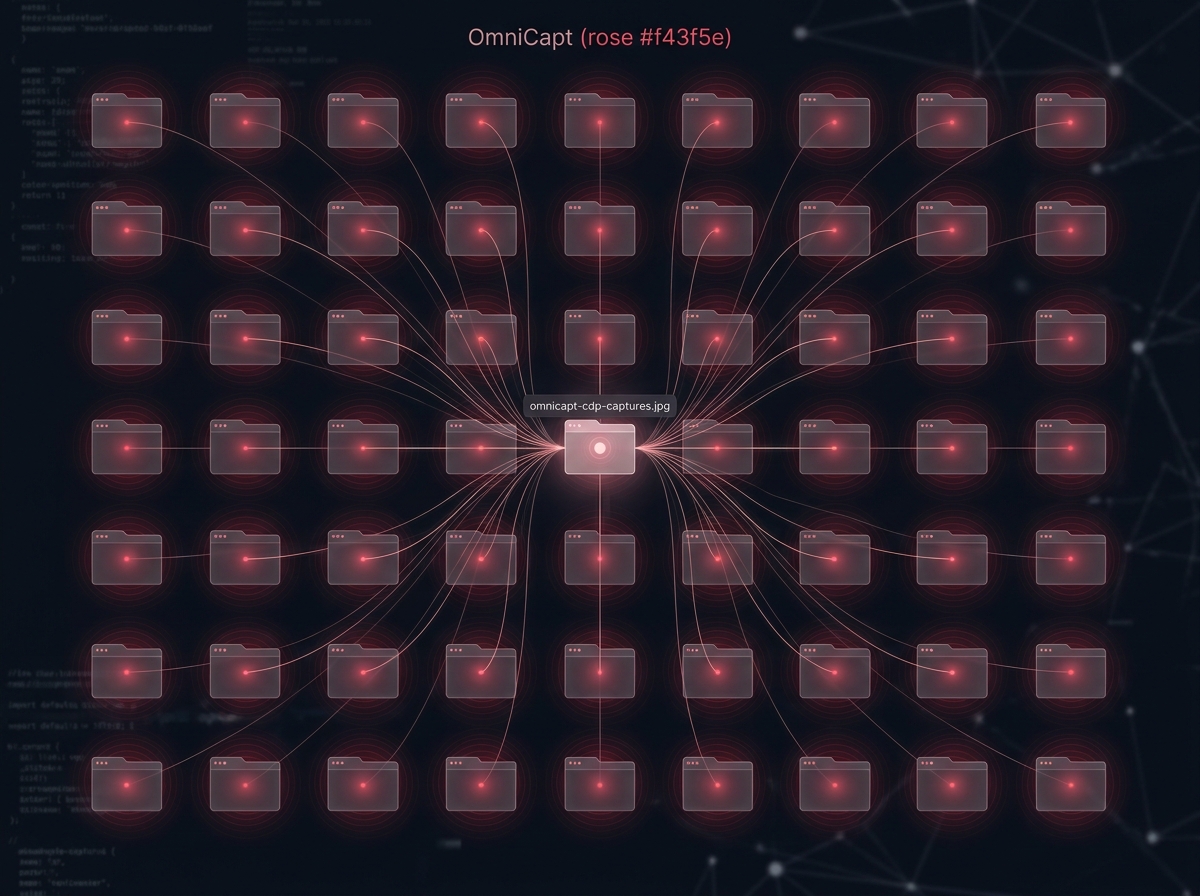 Abstract illustration of OmniCapt capturing many browser tabs in parallel in the background via the Chrome DevTools Protocol