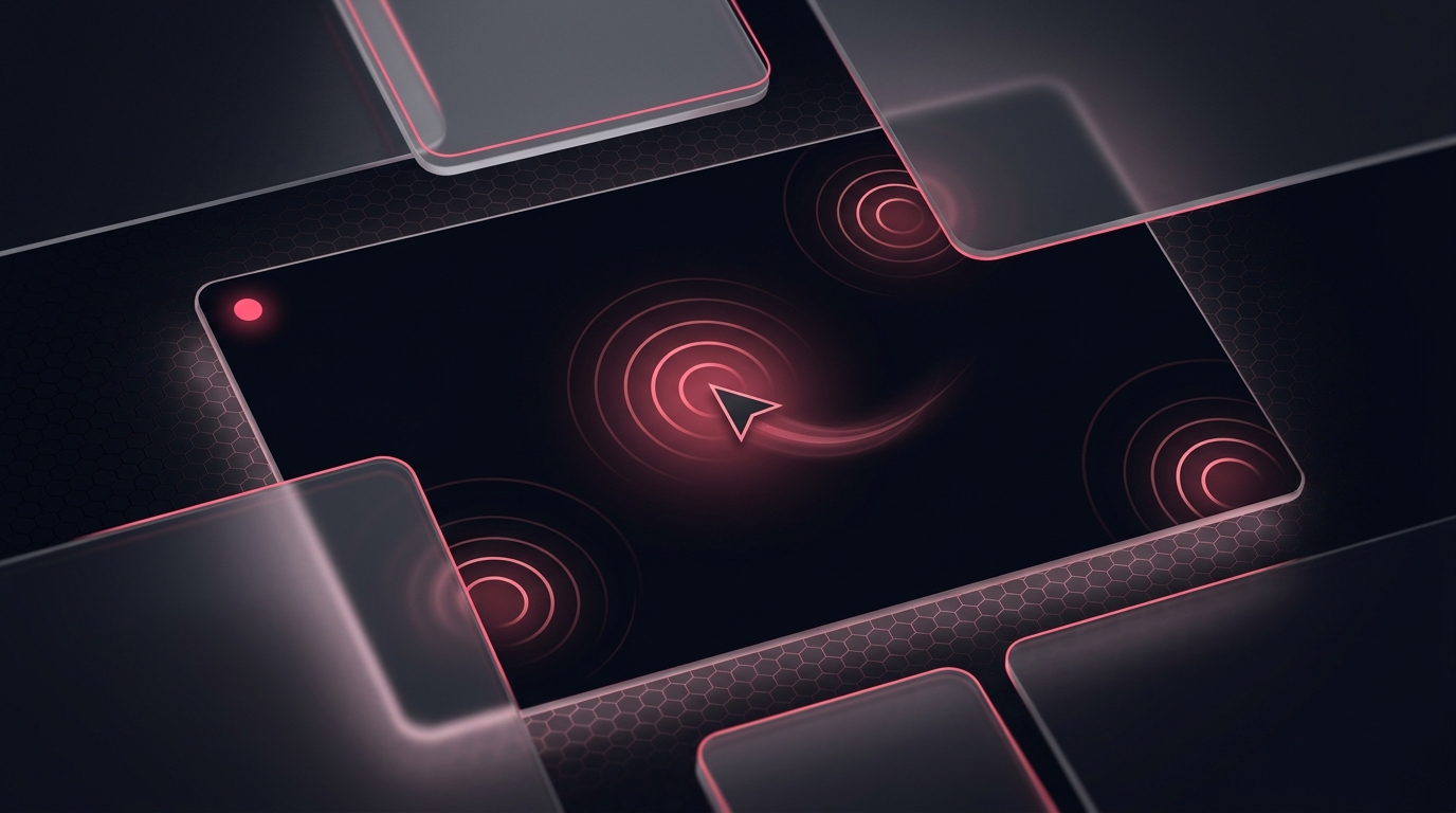 Abstract illustration of animated click-ripple highlights following a cursor across a screen recording