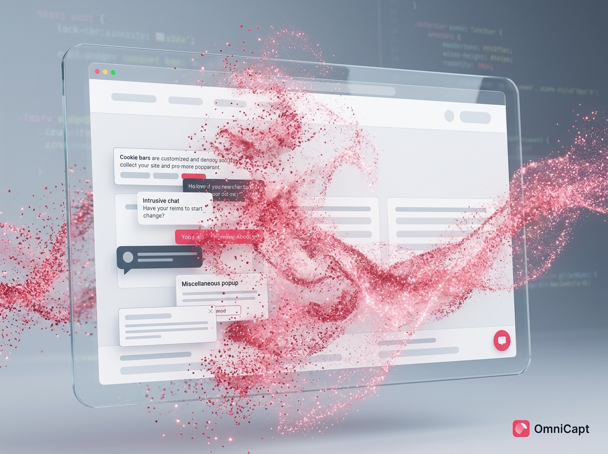 Abstract illustration of OmniCapt clearing cookie banners and overlays from a page before a screenshot