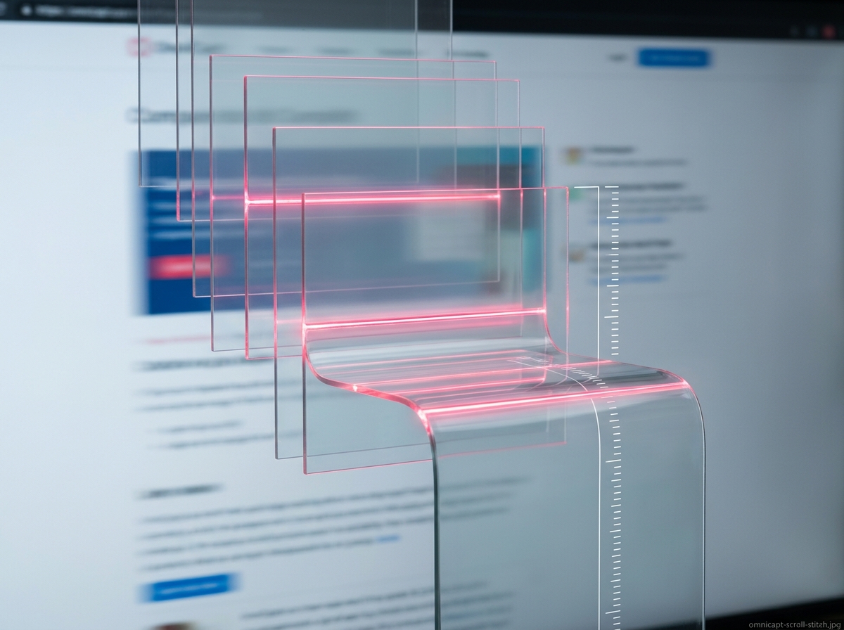 Abstract illustration of OmniCapt stitching multiple screenshot panels into one continuous full-page capture
