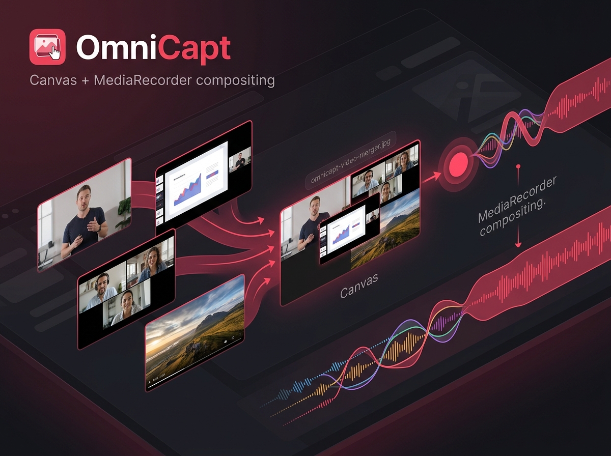 Abstract illustration of OmniCapt compositing video panels on a canvas and recording them into one clip