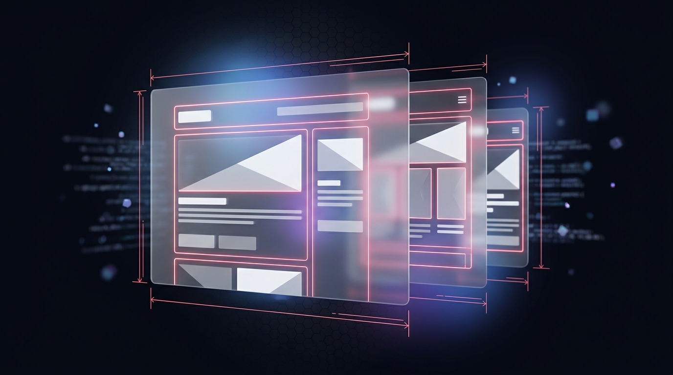 Abstract illustration of one web page captured at desktop, tablet, and mobile viewport sizes in a batch