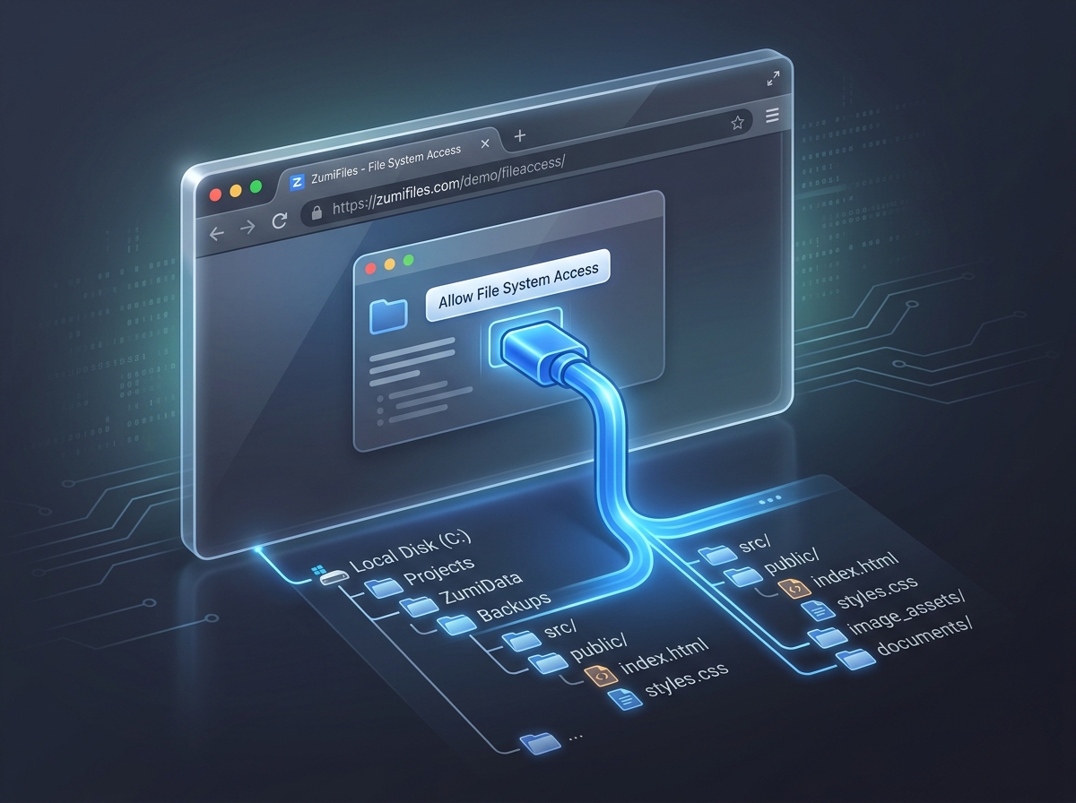Abstract illustration of ZumiFiles connecting the browser to the local filesystem via the File System Access API
