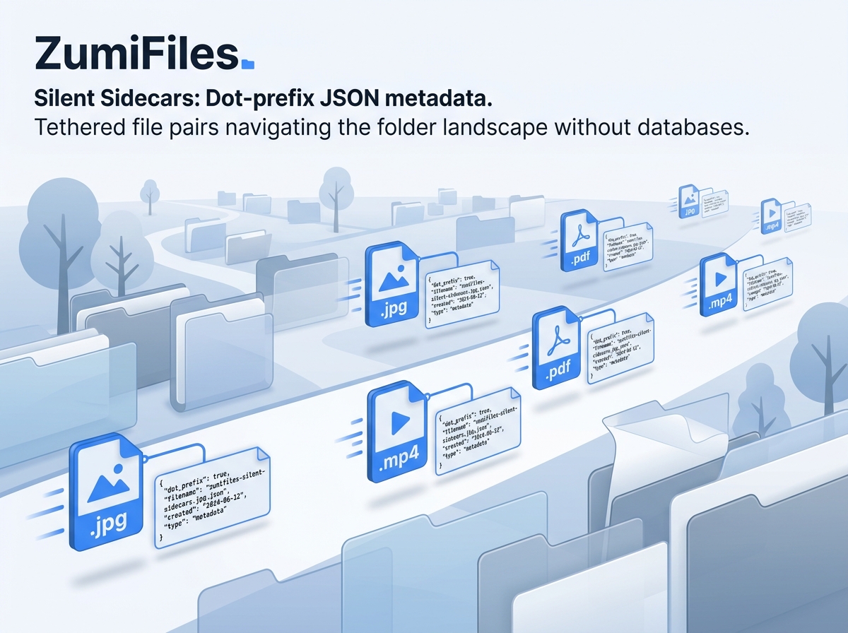 Abstract illustration of ZumiFiles pairing each file with a companion JSON sidecar metadata card