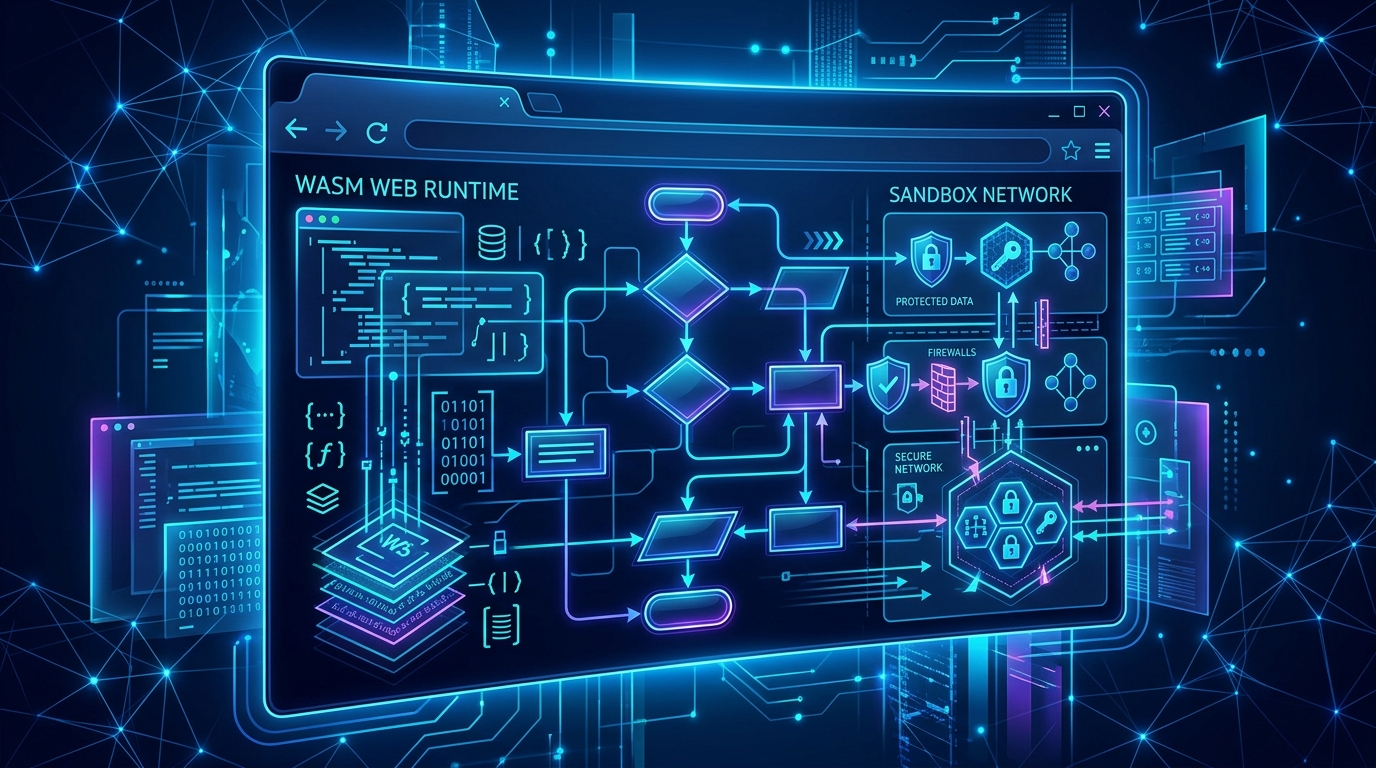 Abstract high-tech vector illustration showing flowcharts, arrow connections, and WebAssembly structures inside a web browser frame