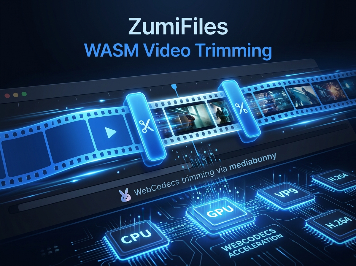Abstract illustration of ZumiFiles trimming a video clip in the browser using WebCodecs