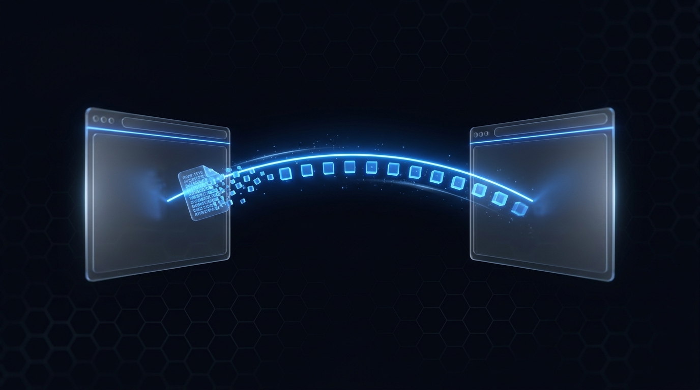Abstract illustration of a file streaming directly between two browsers over a peer-to-peer data channel