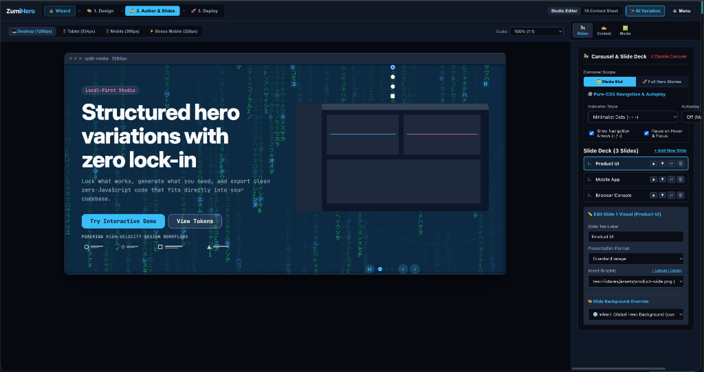 ZumiHero Studio Editor showing pure-CSS carousel slide deck, matrix code background, and inspector panel