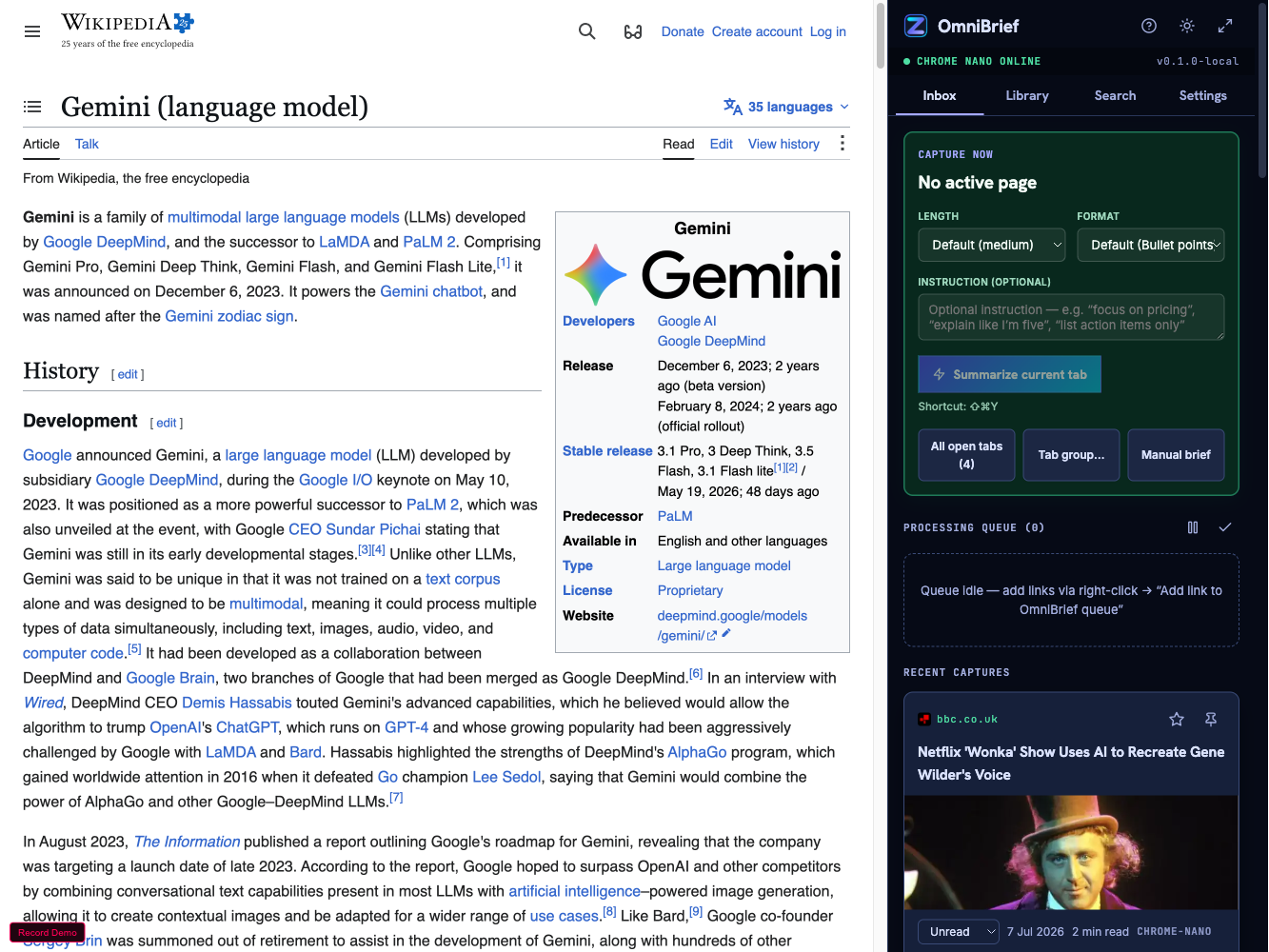 OmniBrief Chrome Extension Split View