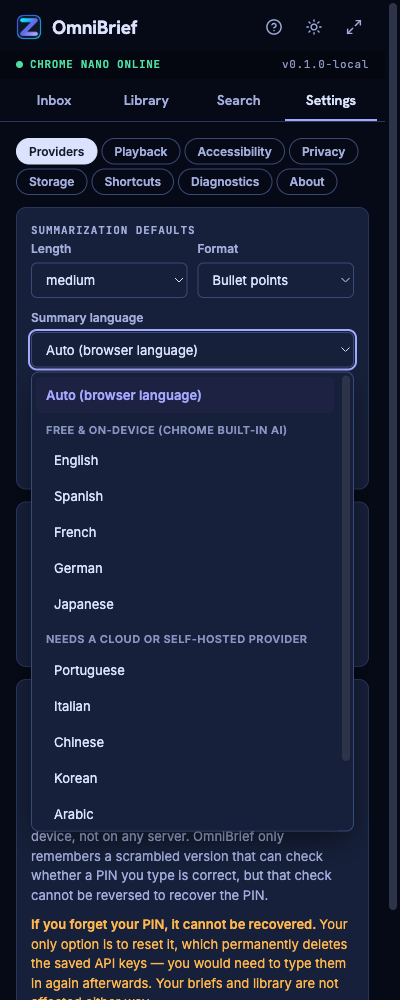 OmniBrief summary language dropdown, open in Settings