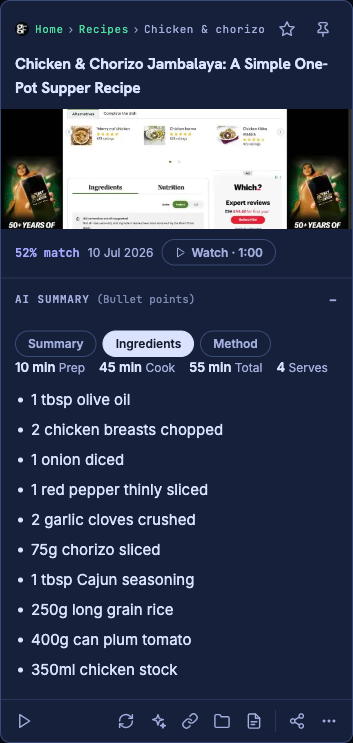 OmniBrief recipe brief showing a breadcrumb trail, a Watch button, and a Summary/Ingredients/Method tab strip with the Ingredients tab open