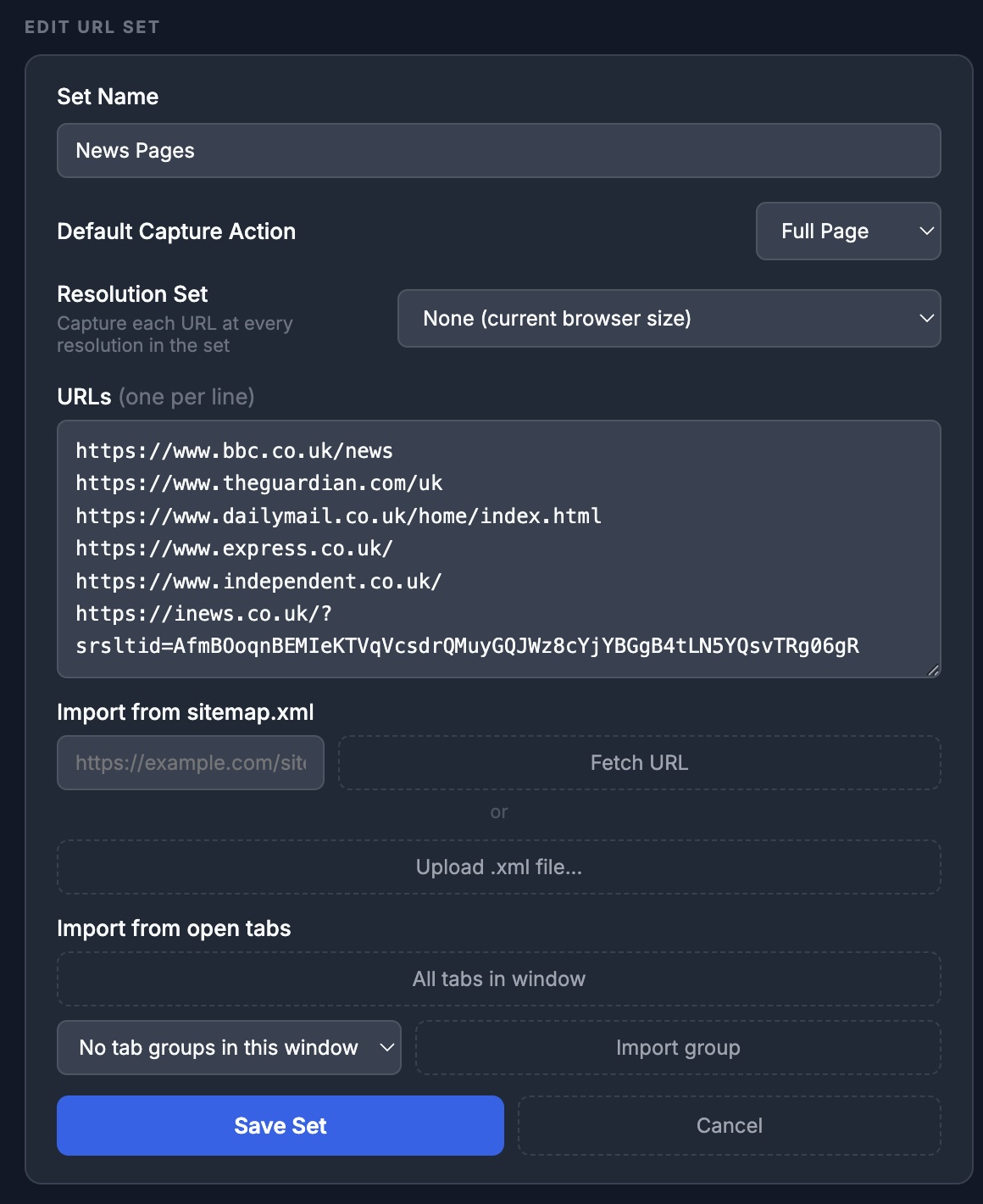 URL groups setup for competitor tracking